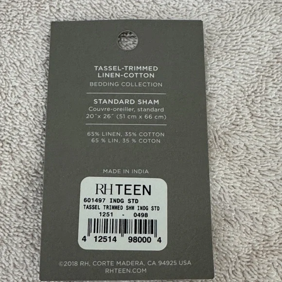 RH Teen White with Navy Trim/Tassel in Standard size 20x26 pillow sham. - Picture 4 of 5